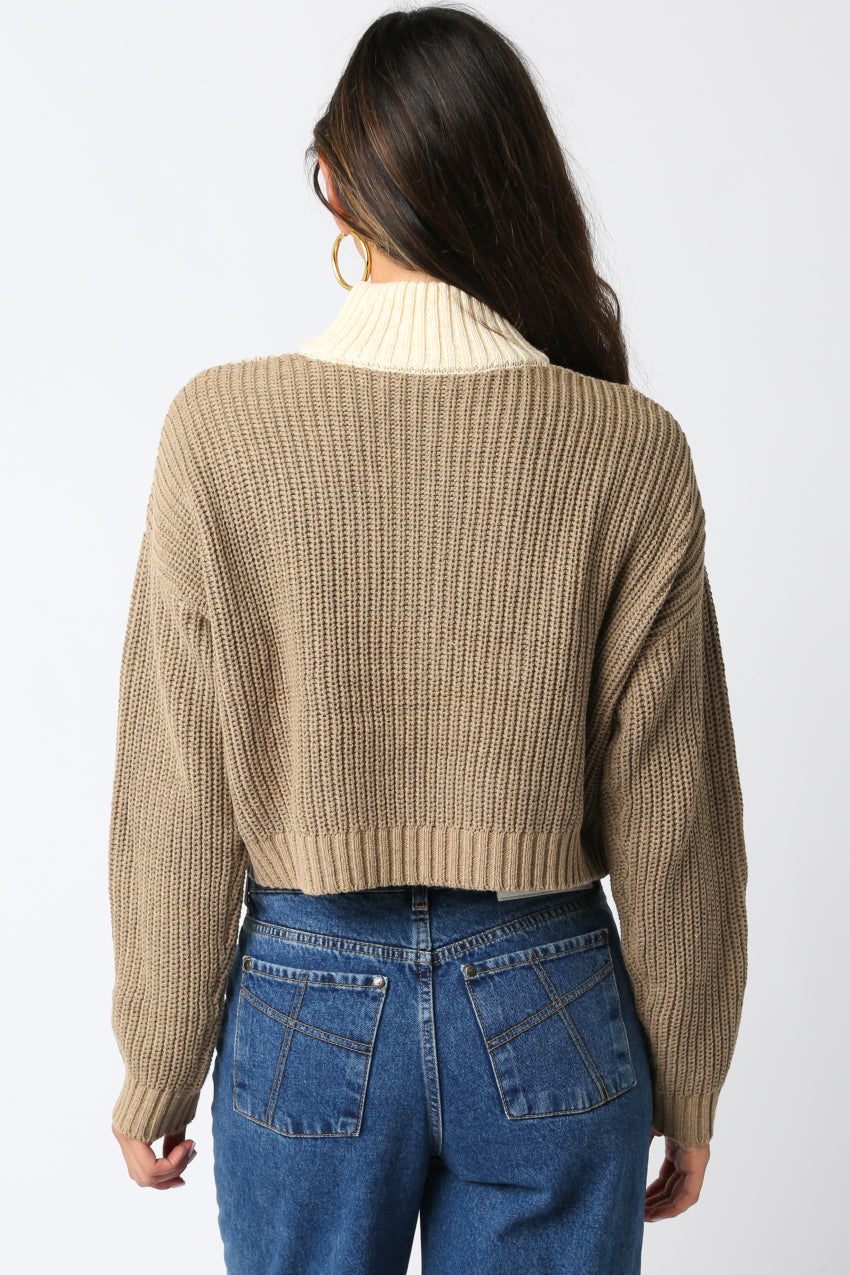 Cropped Half Zipper Sweater - Khaki Combo, Women's Tops Collection