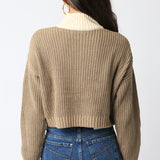 Cropped Half Zipper Sweater - Khaki Combo, Women's Tops Collection
