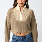 Cropped Half Zipper Sweater - Khaki Combo, Women's Tops Collection
