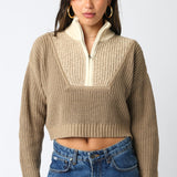 Cropped Half Zipper Sweater - Khaki Combo, Women's Tops Collection