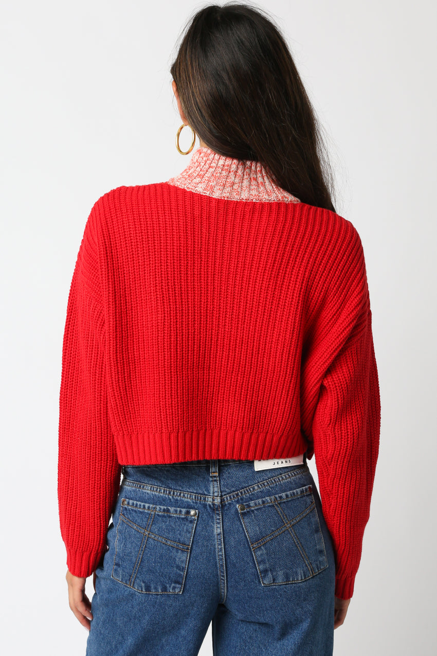 Cropped Half Zipper Sweater - Red Combo, Women's Tops Collection