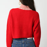 Cropped Half Zipper Sweater - Red Combo, Women's Tops Collection