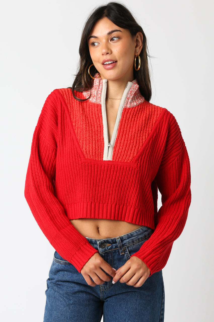 Cropped Half Zipper Sweater - Khaki Combo, Women's Tops Collection