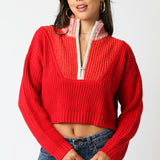 Cropped Half Zipper Sweater - Khaki Combo, Women's Tops Collection
