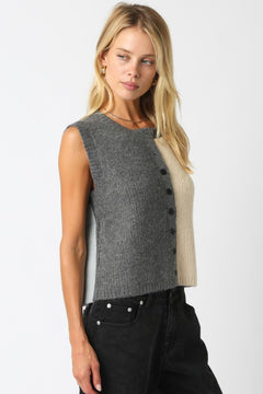 Color Block Knit Button Sweater Vest - Charcoal Combo, Women's Vests Collection