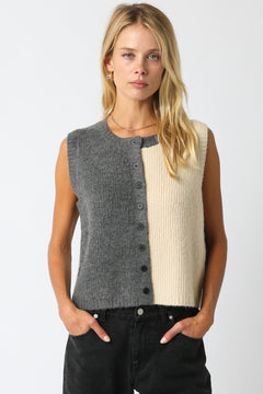 Color Block Knit Button Sweater Vest - Charcoal Combo, Women's Vests Collection