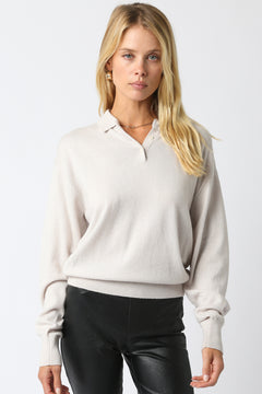 Long Sleeve Collared Soft Sweater - ecru, womens sweater collection