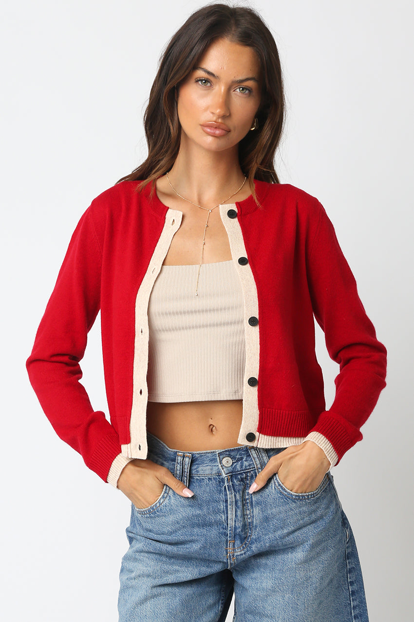 Cardigan With Two Tone Trim - scarlet/oatmeal, womens cardigan collection
