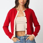 Cardigan With Two Tone Trim - scarlet/oatmeal, womens cardigan collection
