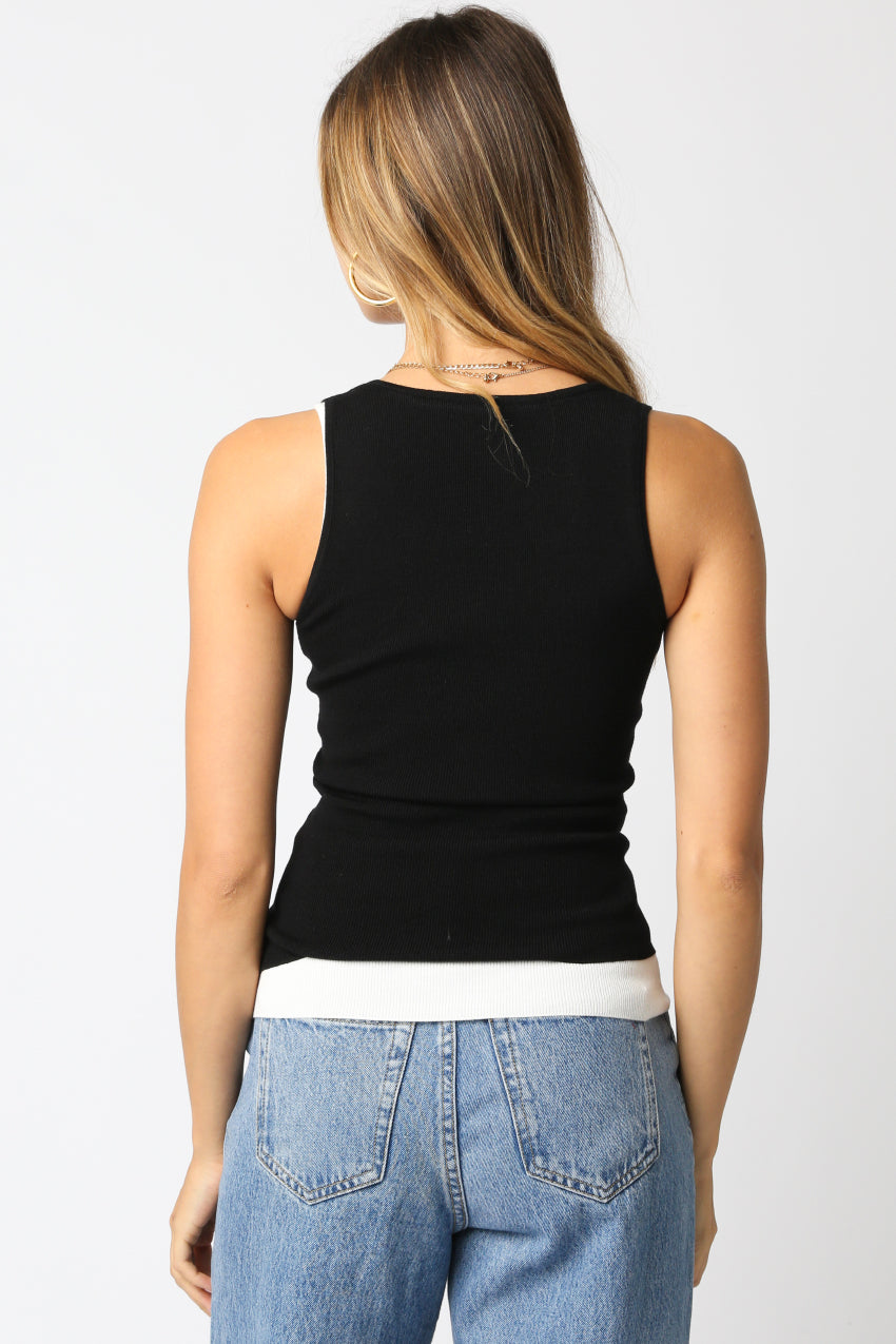 Double Layer Scoop Neck Tank - black/off white, womens tank top collection