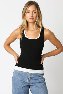 Double Layer Scoop Neck Tank - black/off white, womens tank top collection