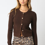 Ribbed Cardigan With Gold Buttons - brown, womens cardigan collection