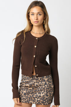 Ribbed Cardigan With Gold Buttons - brown, womens cardigan collection