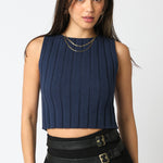 Sleeveless Round Neck Top - navy blue, womens top collection
