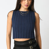 Sleeveless Round Neck Top - navy blue, womens top collection