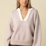 V Neck Knit Sweater With Contrast Trim