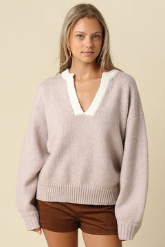 V Neck Knit Sweater With Contrast Trim