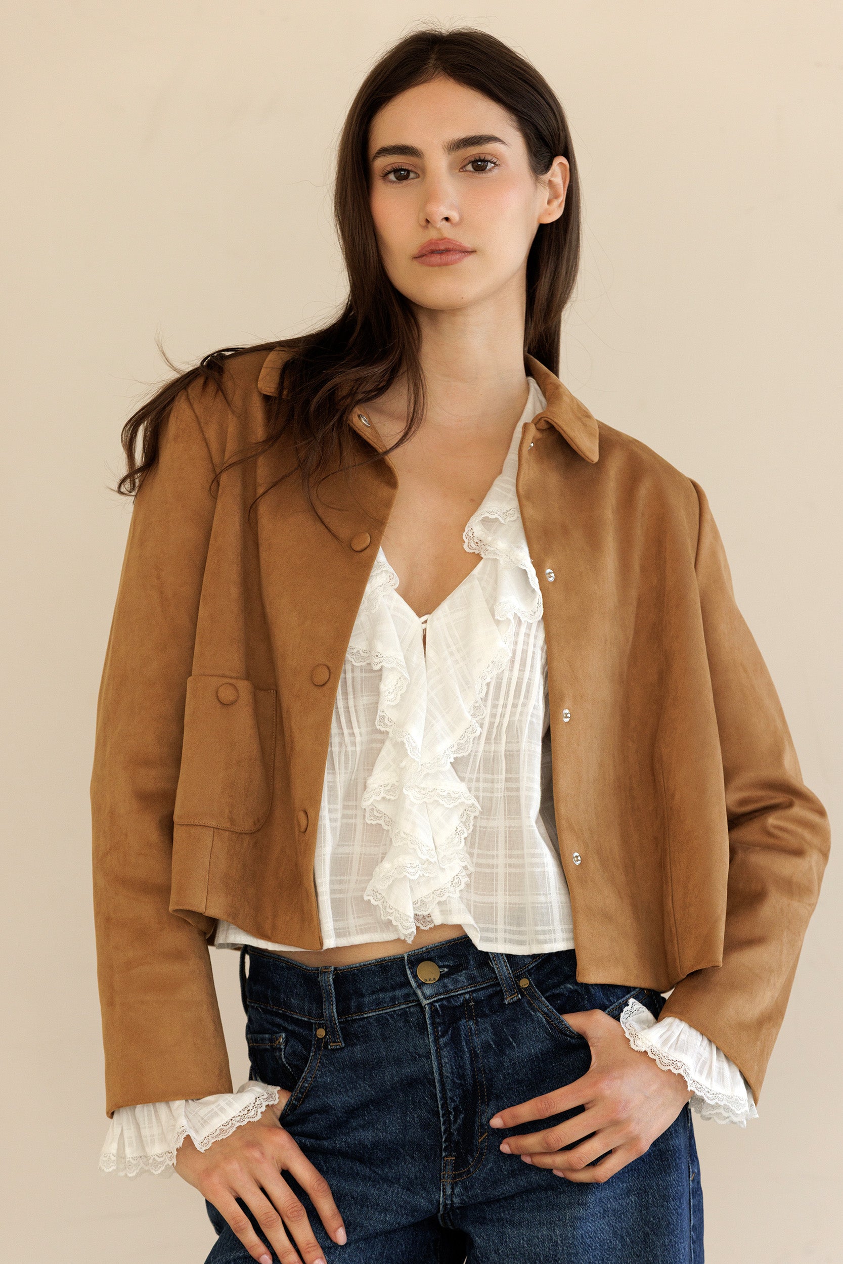 Faux Suede Button Front Jacket - Camel, Women's Jackets Collection