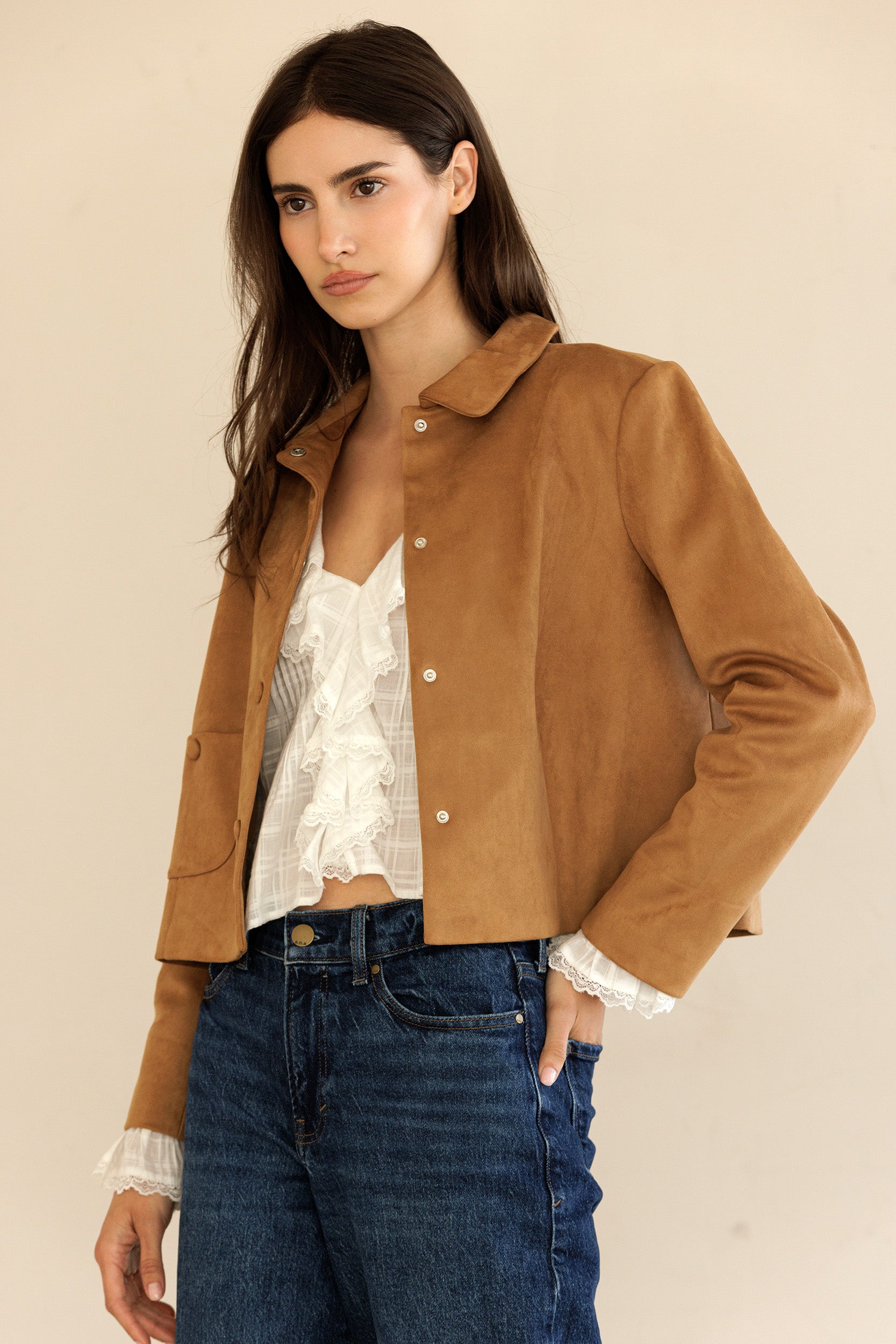 Faux Suede Button Front Jacket - Camel, Women's Jackets Collection
