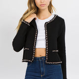 Frayed Pearl Trim Detail Textured Jacket