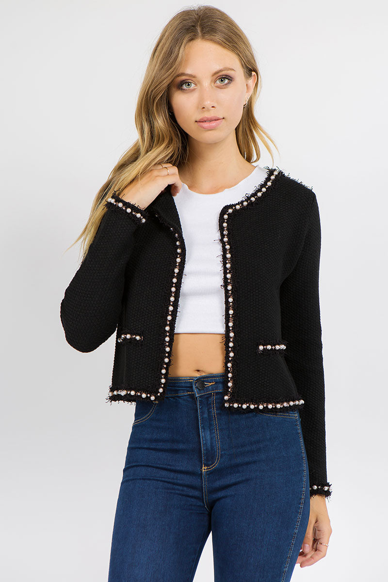 Frayed Pearl Trim Detail Textured Jacket