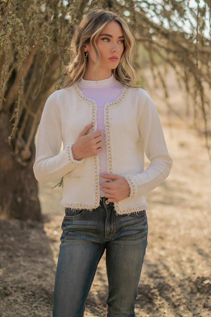 Frayed Pearl Trim Detail Textured Jacket