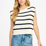 Shoulder Pad Sleeveless Stripe Sweater - cream/black, women's top collection 