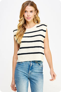 Shoulder Pad Sleeveless Stripe Sweater - cream/black, women's top collection 