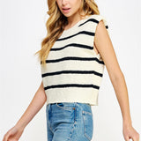Shoulder Pad Sleeveless Stripe Sweater - cream/black, women's top collection 
