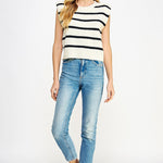 Shoulder Pad Sleeveless Stripe Sweater - cream/black, women's top collection 