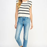 Shoulder Pad Sleeveless Stripe Sweater - cream/black, women's top collection 