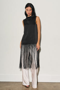 Satin Mock Neck With Fringe