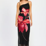 One Shoulder Ruched Maxi Dress - black with pink flower, womens dress collection