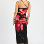 One Shoulder Ruched Maxi Dress - black with pink flower, womens dress collection