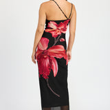 One Shoulder Ruched Maxi Dress - black with pink flower, womens dress collection