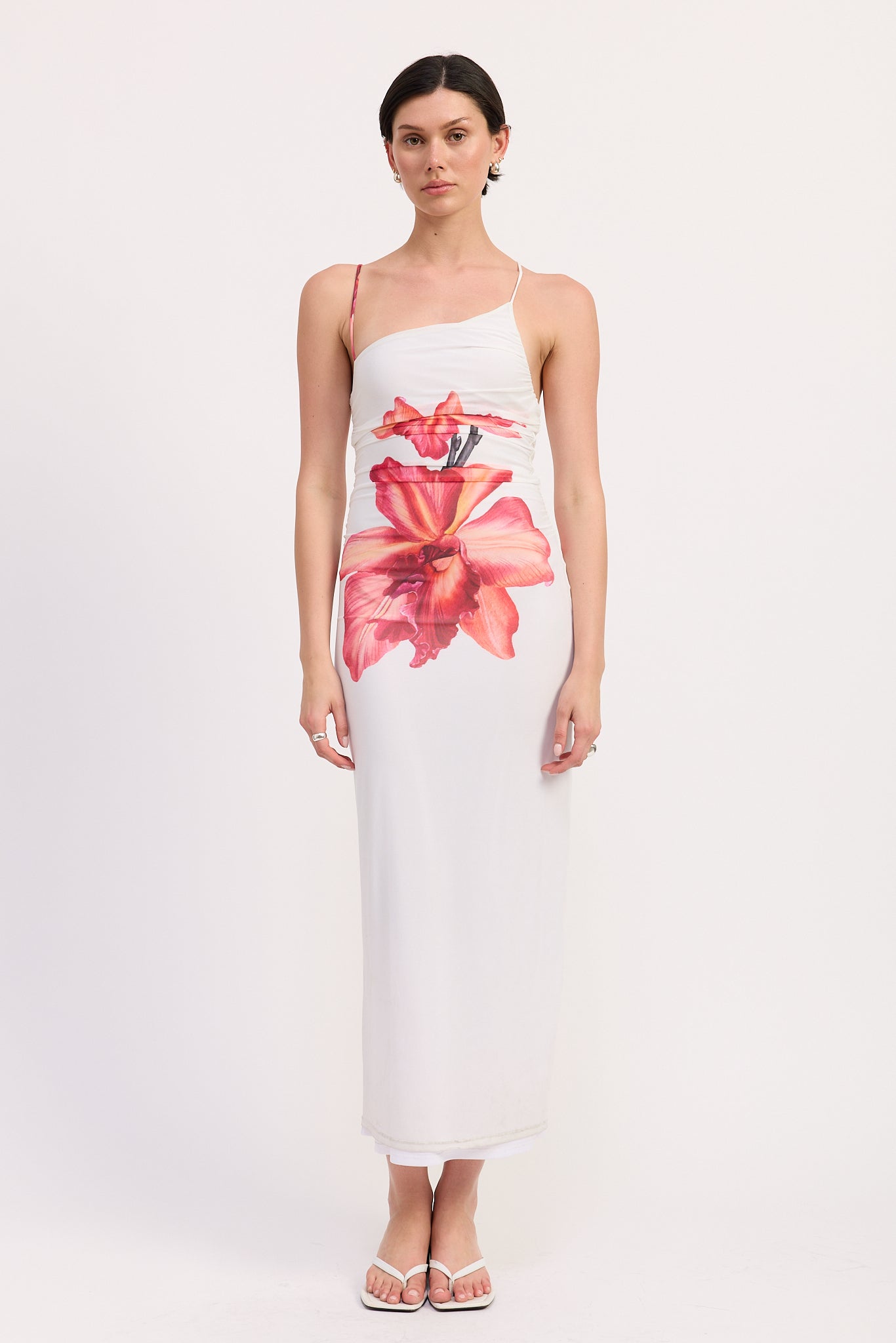 One Shoulder Ruched Dress - white with big flower in the middle, maxi dress, womens dresses collection