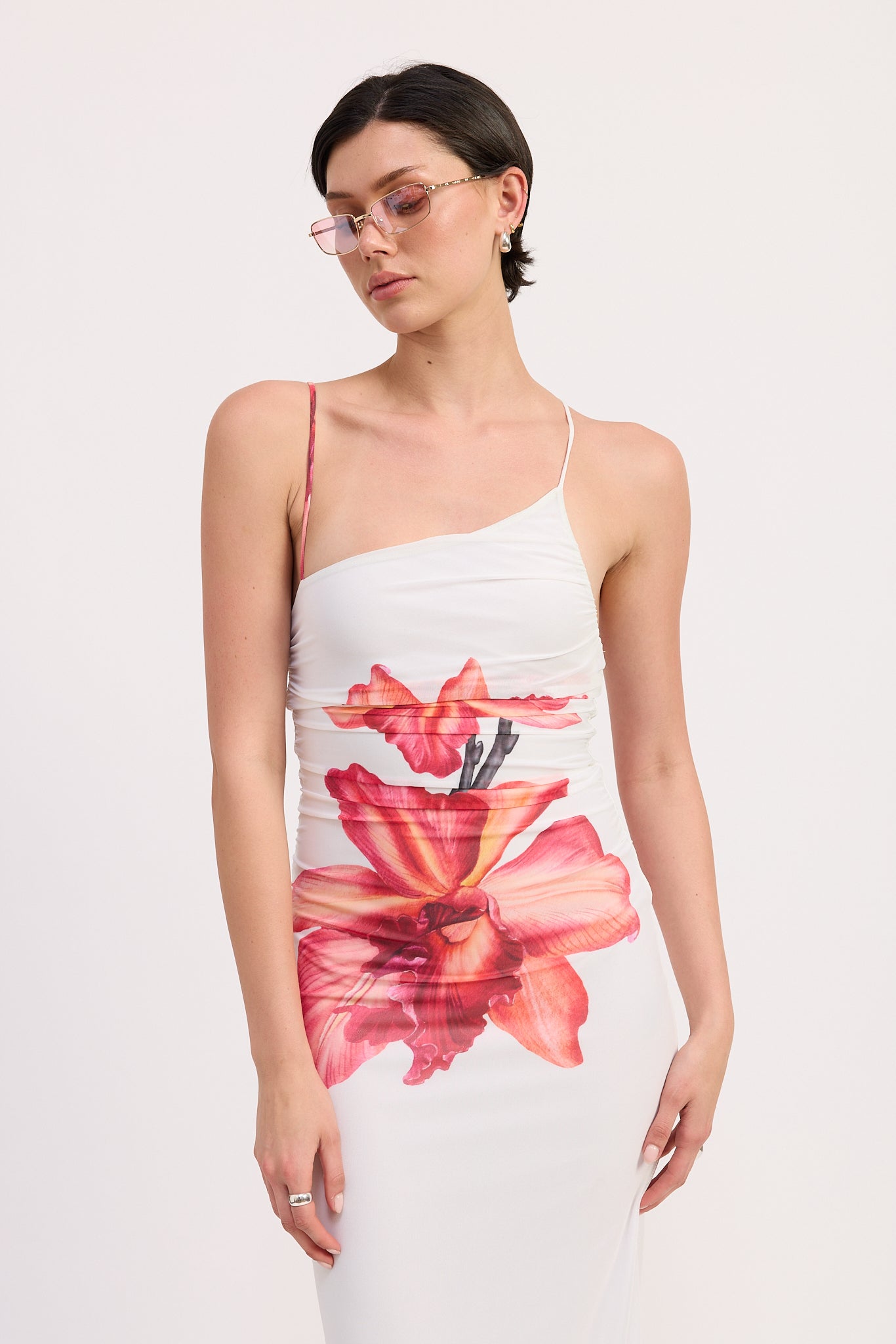 One Shoulder Ruched Dress - white with big flower in the middle, maxi dress, womens dresses collection