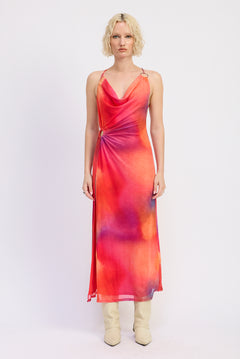 Printed Mesh Tie Back Dress With Side Circle Detail- orange multicolor, womens dress collection