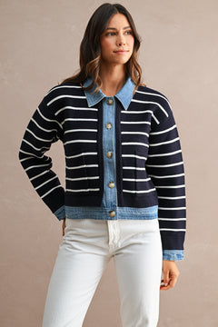 Stripe Knit Denim Cardigan