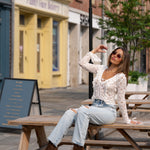 Knit Lace Ruffle Top With Front Tie - cream, women top collection