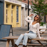 Knit Lace Ruffle Top With Front Tie - cream, women top collection