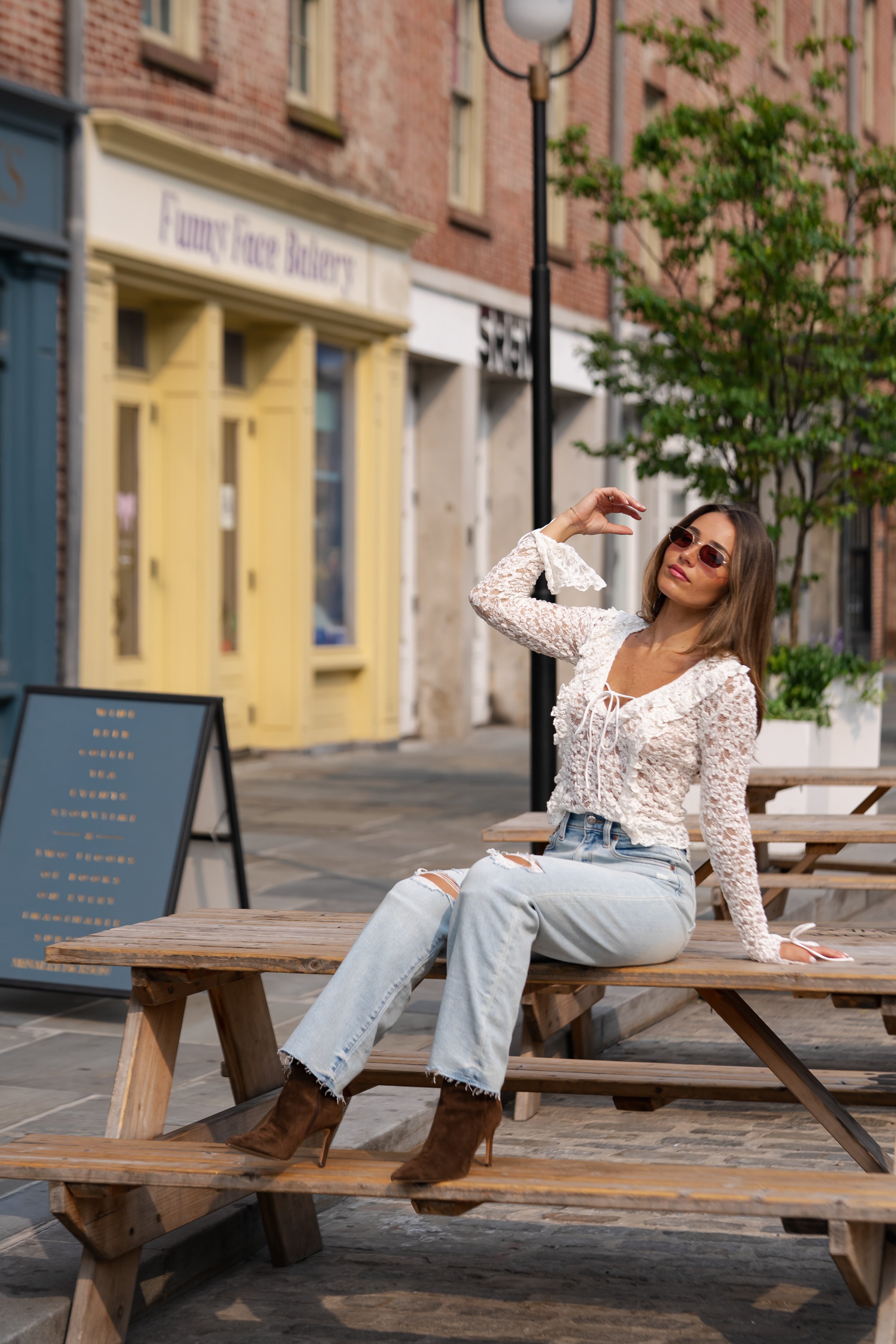 Knit Lace Ruffle Top With Front Tie - cream, women top collection