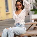 Knit Lace Ruffle Top With Front Tie - cream, women top collection