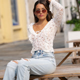 Knit Lace Ruffle Top With Front Tie - cream, women top collection