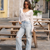 Knit Lace Ruffle Top With Front Tie - cream, women top collection