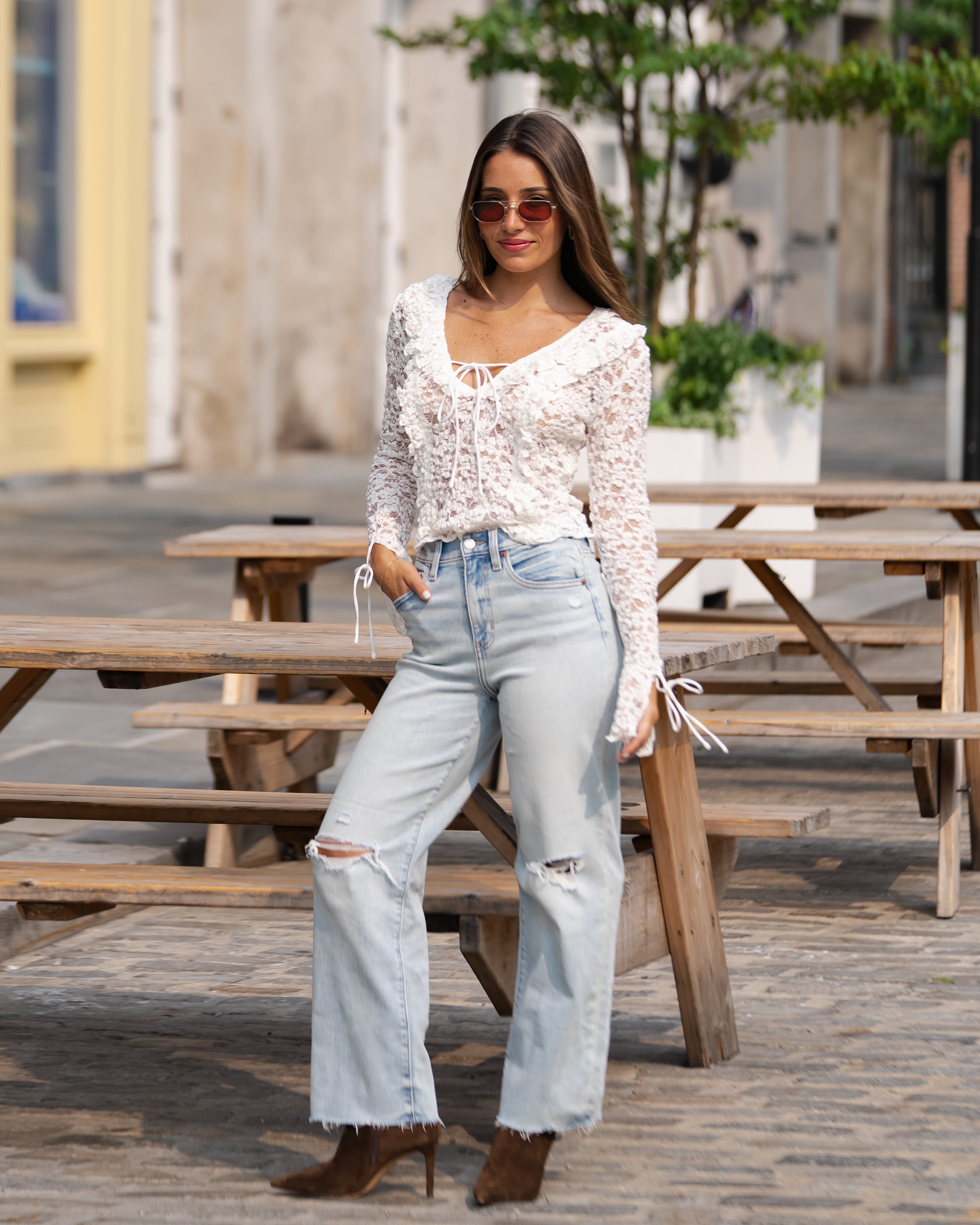 Knit Lace Ruffle Top With Front Tie - cream, women top collection