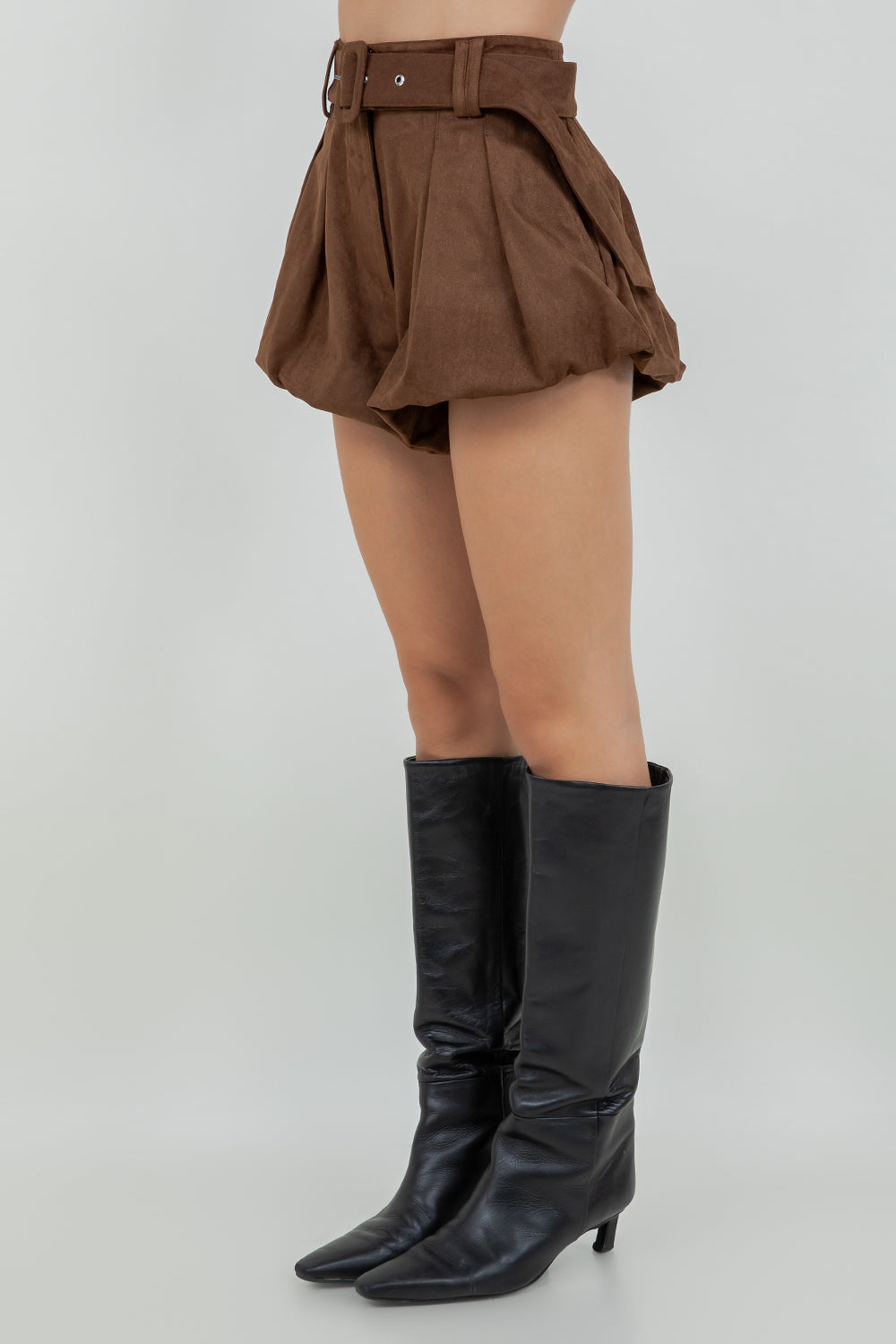 Suede Bubble Shorts With Belt - brown, womens shorts collection