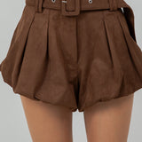 Suede Bubble Shorts With Belt - brown, womens shorts collection