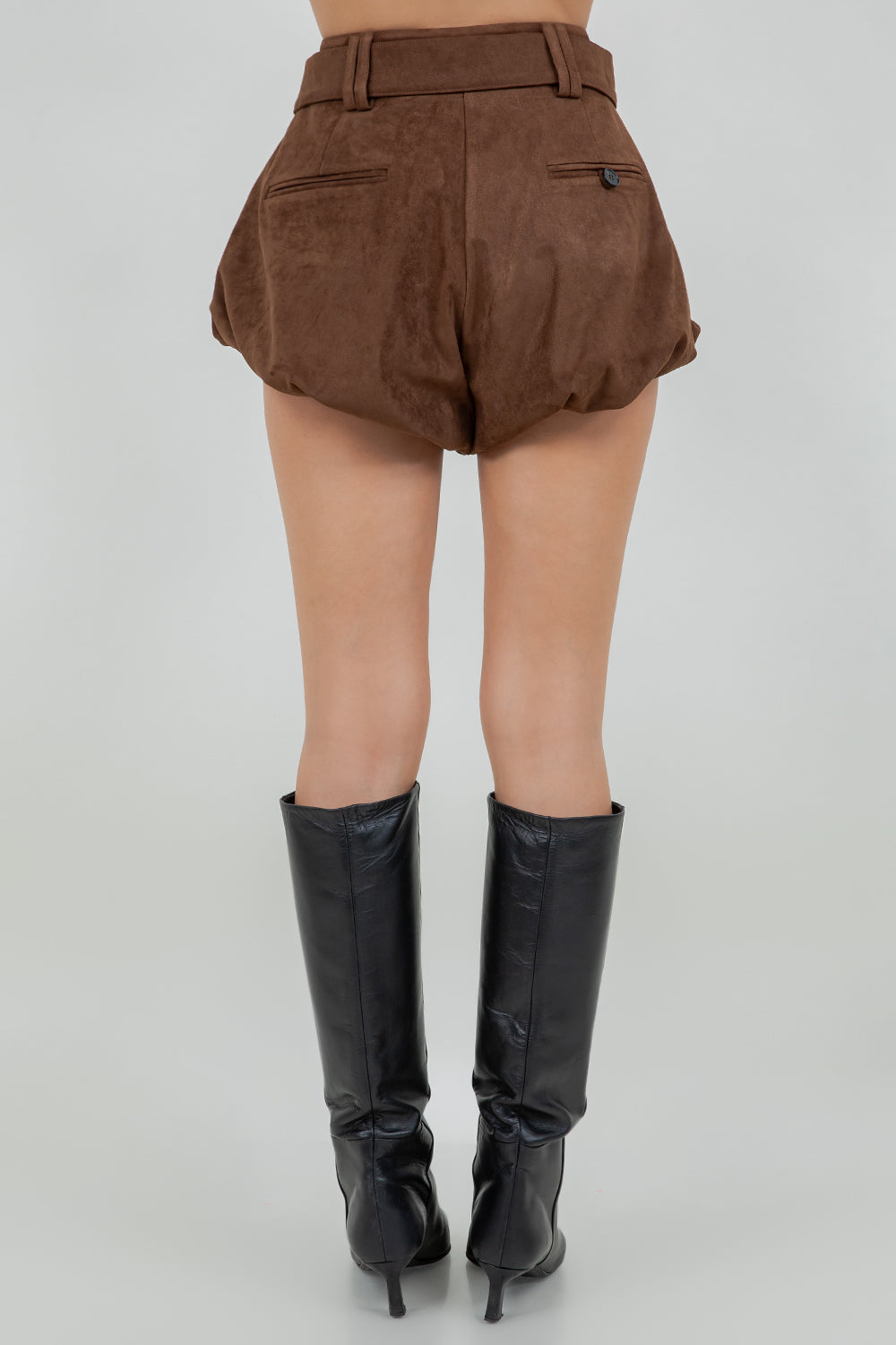 Suede Bubble Shorts With Belt - brown, womens shorts collection