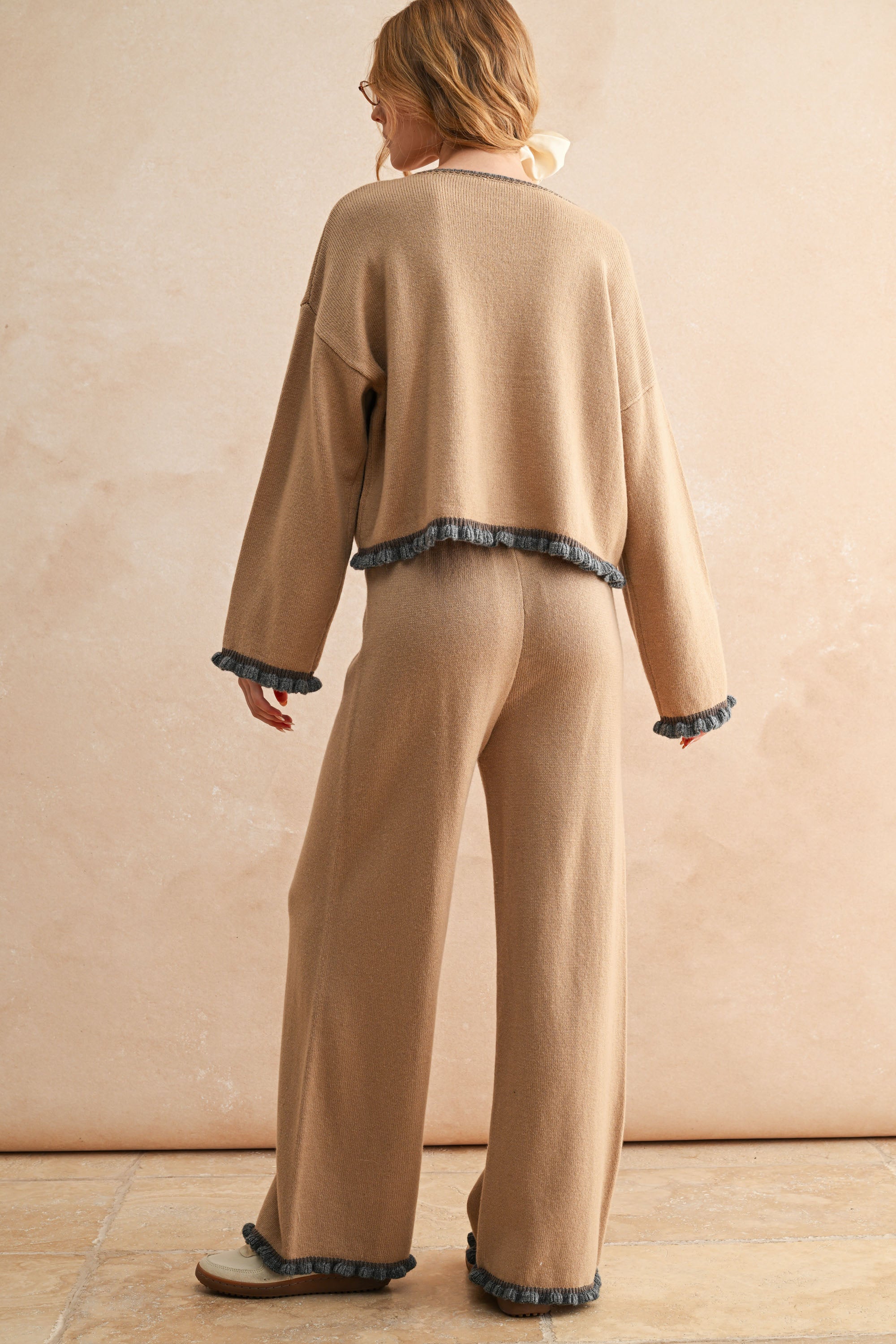 Ruffle Bottom Hem Knit Pant - mocha/grey, womens pants/matching set collection